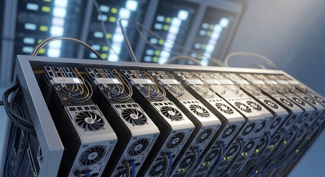 Modern cryptocurrency mining farm with rows of powerful graphics processing units and servers in a data center environment for digital currency generation