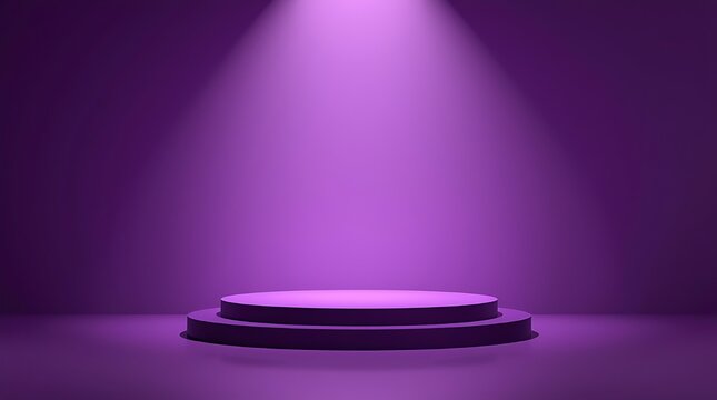 luxury advertising background, deep purple gradient with soft glow, large empty space, elegant 3D pedestal , glossy surface with subtle reflections, soft spotlight