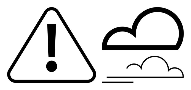 Weather alerts, warning signs, environmental safety, hazard communication, storm precautions, meteorology. A triangular warning sign with exclamation mark next to windy cloud graphics. Weather alerts