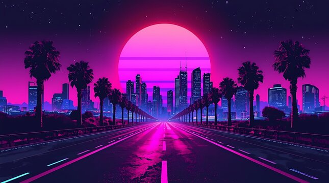 Image is realism mixed with digital artwork in a retro-futuristic, synthwave style, depicting a vibrant cityscape at night. 