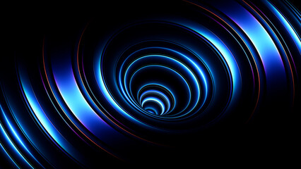 Naklejka premium Blue neon singularity forming deep abstract circular vortex in dark space for technology concept. Glowing curved 3d lines spiral inward creating sense of motion and infinity for innovation visuals