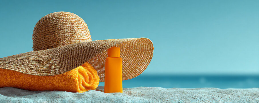 Straw hat, sunscreen bottle and beach towel on sand against blue sky. Vacation concept for summer holiday. Skin care protection and sunbathing accessories for tropical travel trip.