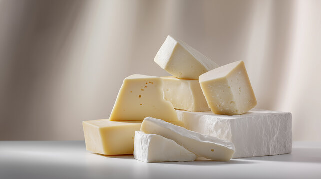 Assorted cheese blocks on white surface with soft beige background