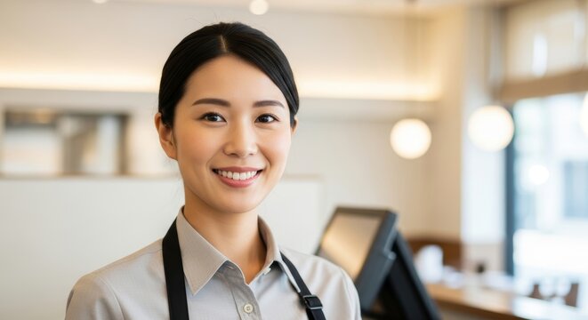 Smiling female asian young barista standing in a modern cafe interior