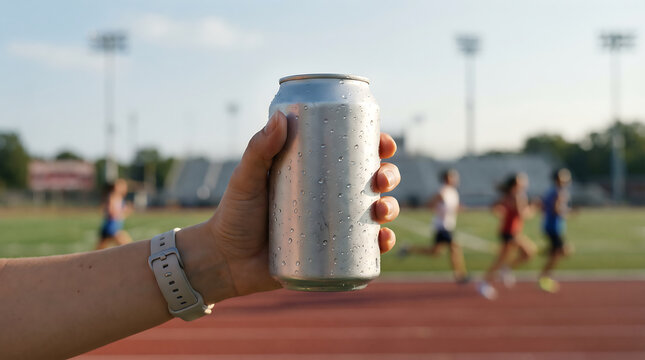 Hand holds a cold, condensation-covered can on a running track, with blurred athletes in background, vital for refreshment and rehydration during intense sports
