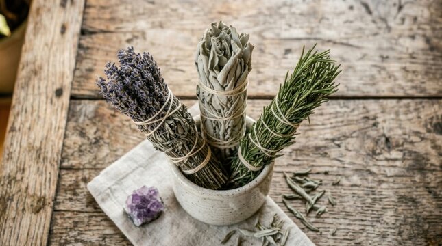 Bundled herbs for smudging and spiritual practices on a wooden surface.