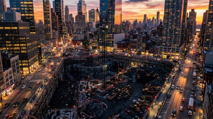 Obraz premium Cityscape at Dusk - A Vibrant Urban Panorama with Illuminated Buildings.