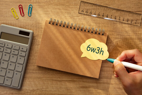 Eye-catching image of 6w3h text on stickynote. The word stands for When, Where, Who, What, Why, How, How many, How much. Shown with calculator, pen, ruler.