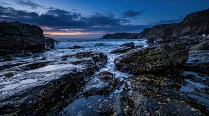 Fototapeta premium Coastal Twilight - Rocky Shoreline Under a Dramatic Sky.