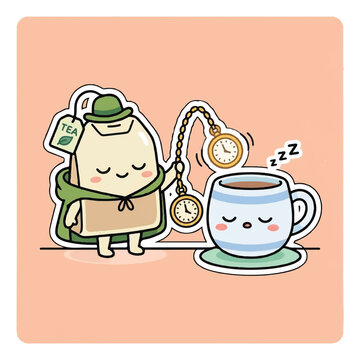 Cute Cartoon Tea Mug with Sleepy Face and Tea Bag.