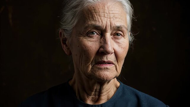 Portrait of Wisdom: A close-up shot of an elderly woman with expressive eyes, her face etched with the stories of a life well-lived, embodying the essence of age and experience.