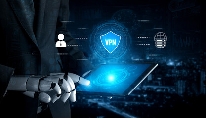Fototapeta premium AI improves VPN by monitoring traffic, detecting risks, encrypting sessions, and optimizing routing to ensure private, secure, and efficient network access. Vouch