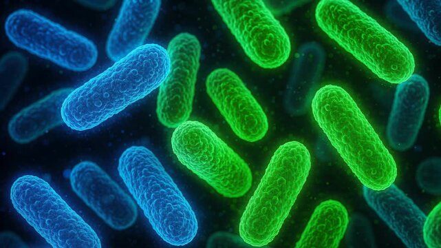 Microbial World: A vibrant display of microorganisms, showcasing a close-up view of bacteria, each intricately detailed, highlighting the fascinating world of microbes.