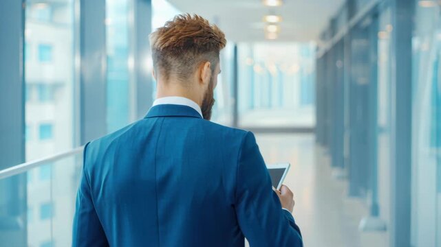 Executive Stroll: An executive strides confidently down a modern office corridor, clutching a tablet, symbolizing leadership and forward-thinking in a contemporary workplace.