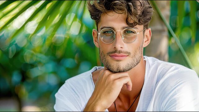 Stylish Man: A portrait of a handsome man, radiating confidence and style, dressed casually against a backdrop of lush greenery.