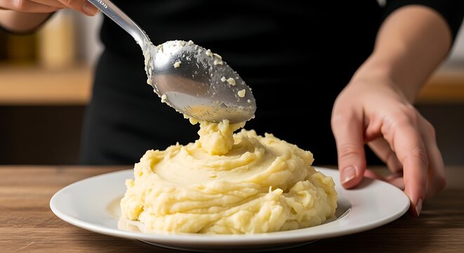 Person serving creamy mashed potatoes on a plate in a kitchen