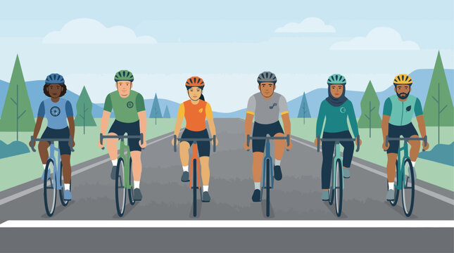 This flat design illustration captures the moment of anticipation at the start line of a cycling race, with diverse riders poised for action. It conveys readiness, competition, and the beginning 