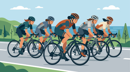 Fototapeta premium This empowering flat design illustration features a group of female cyclists demonstrating strength and determination in a competitive road race.