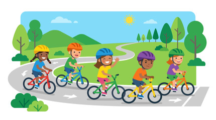 Naklejka premium A cheerful flat design illustration depicting a group of diverse children joyfully participating in a friendly cycling race.