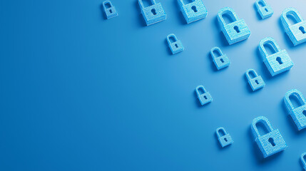Naklejka premium A vibrant pattern of multiple glowing blue padlocks on a bright blue background, symbolizing ubiquitous digital security.