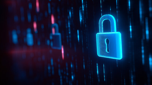 Multiple glowing blue padlock icons float within a dynamic digital data stream, signifying pervasive network security.