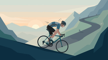 Fototapeta premium This flat design illustration dramatically depicts a cyclist's arduous uphill climb during a race, highlighting the intense effort and sheer endurance required.