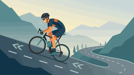 Fototapeta premium This flat design illustration dramatically depicts a cyclist's arduous uphill climb during a race, highlighting the intense effort and sheer endurance required.