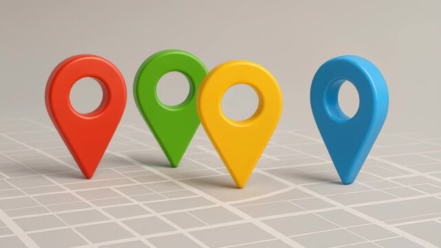 Vibrant Location Markers: Colorful location markers on a grid background represent various destinations, concepts, or choices. Symbolic of navigation, geographical locations, or strategic planning.
