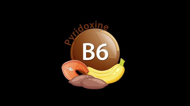 Vitamin B6 pyridoxine icon with foods like salmon banana and sweet potato.