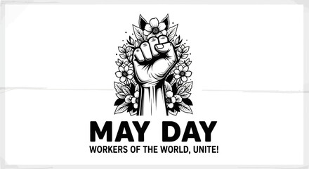 Obraz premium May Day Celebration A Fist of Solidarity Surrounded by Flowers with the Slogan 'Workers of the World, Unite!'