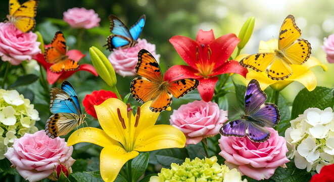 A vibrant garden scene featuring multiple species of colorful butterflies fluttering over blooming pink roses and yellow lilies in spring.