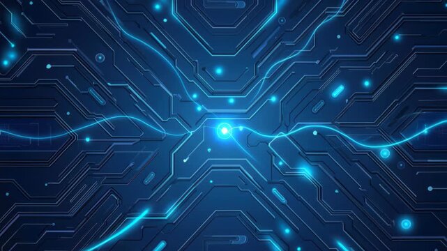 Digital Pulse: A mesmerizing display of intricate circuit board patterns illuminated with electric blue energy, symbolizing technological innovation and the flow of data.