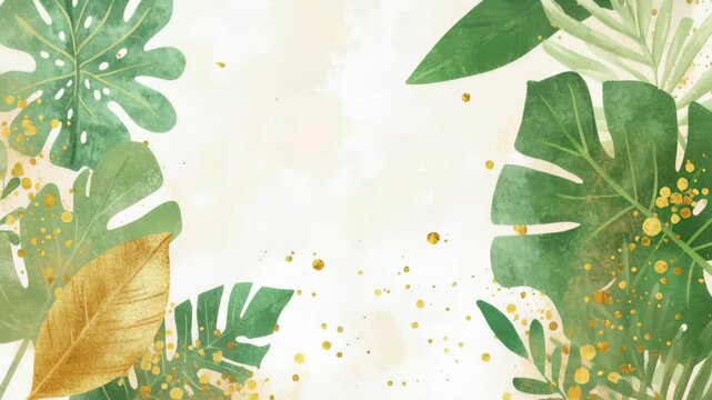 Tropical Watercolor Delight: A mesmerizing watercolor painting showcases lush green and gold tropical leaves, evoking a sense of tranquility and natural beauty.