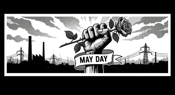 Symbolic monochrome illustration of a defiant clenched fist clutching a delicate rose, set against a stark industrial landscape, representing solidarity and workers' rights on International Labor Day