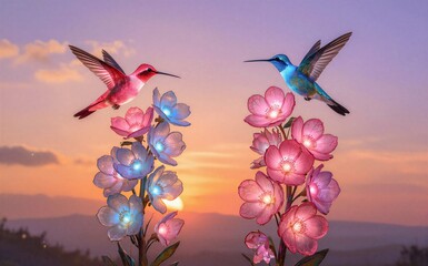 Fototapeta premium Colorful hummingbirds fly among glowing pink and blue flowers at