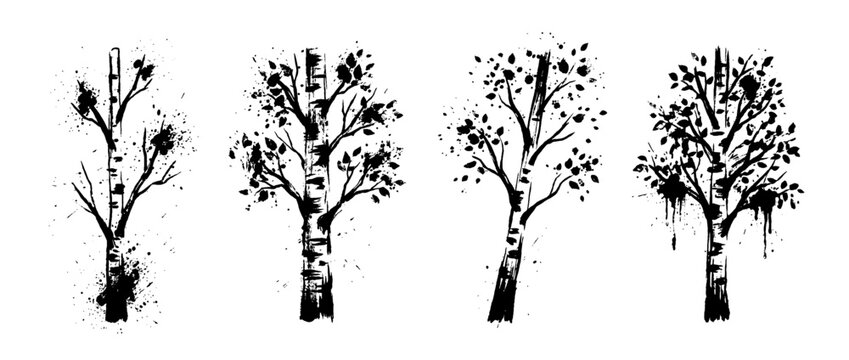 birch tree , Grunge brush distressed paint splatter vector set 