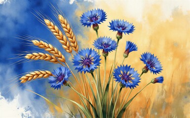 Naklejka premium Blue flowers and golden wheat against a vibrant painterly sky.