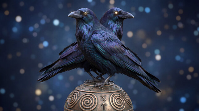 Two dark ravens named huginn and muninn symbolize wisdom and mystery, ideal for designs related to norse mythology or gothic themes.
