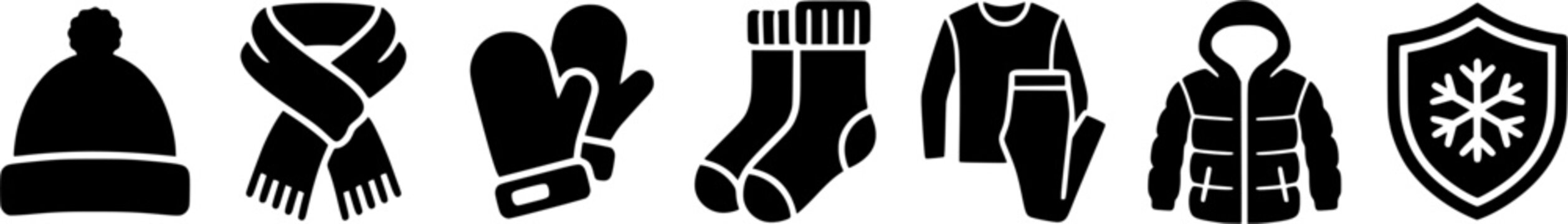 Essential black winter clothes icon set featuring warm beanie hat, cozy scarf, protective gloves, comfortable socks, and thermal underwear for cold weather preparation.