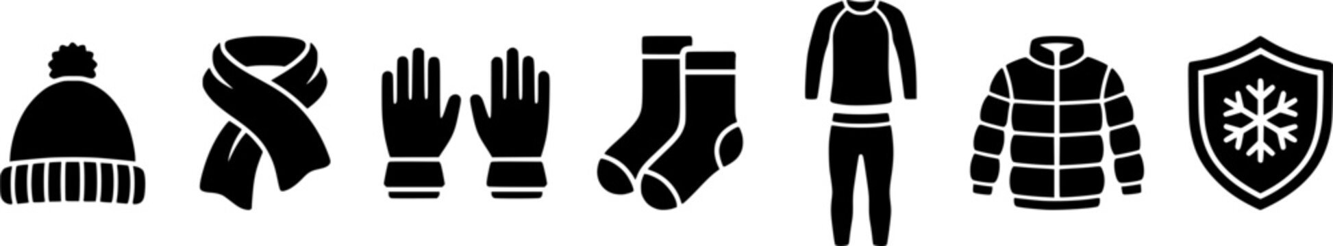 Essential black winter clothes icon set featuring warm beanie hat, cozy scarf, protective gloves, comfortable socks, and thermal underwear for cold weather preparation.