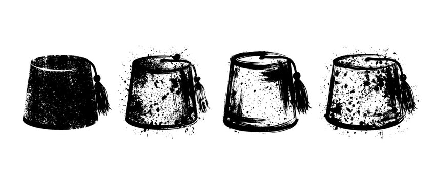 fez hat , Grunge brush distressed paint splatter vector set 