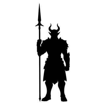 Silhouette of a Fierce Warrior with Horns and Spear.