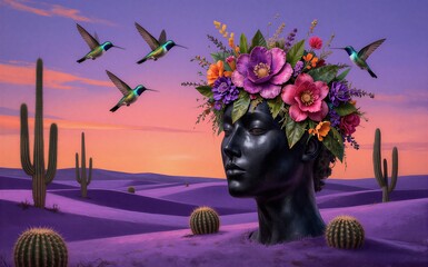 Obraz premium A serene desert scene with a floral head hummingbirds flying above.