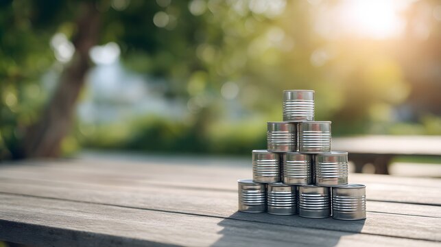 Stack of aluminum cans arranged in pyramid on wooden table in outdoor garden.
