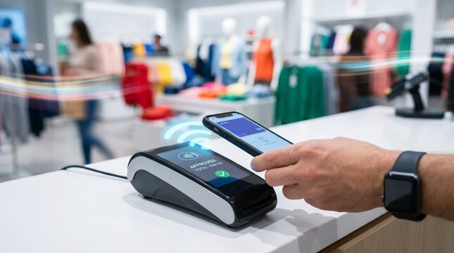 Person using smartphone for contactless payment at clothing store checkout terminal with wireless signal and digital wave effects