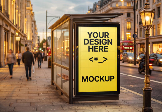 Vertical Billboard In Bus Stop Mockup