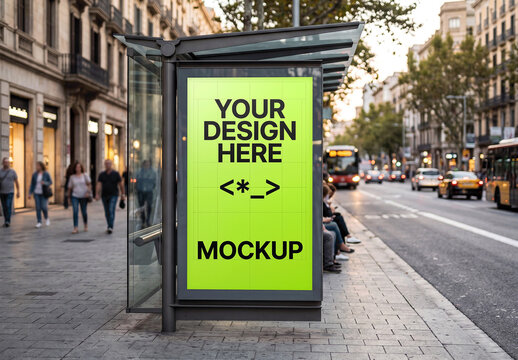 Vertical Billboard In Bus Stop Mockup