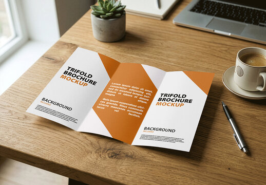 Trifold Brochure Wooden Desk Mockup