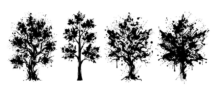 maple tree , Grunge brush distressed paint splatter vector set 