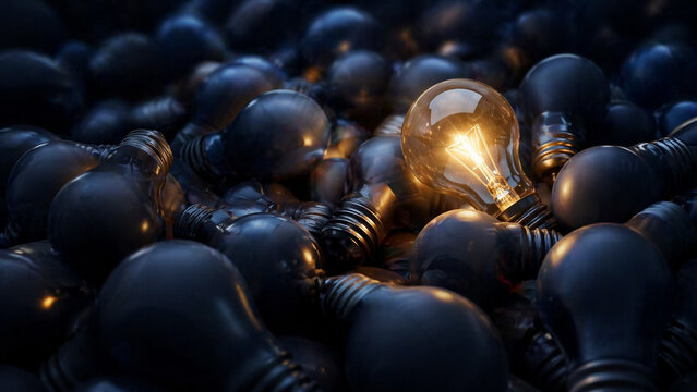 AI generated glowing light bulb standing out among many dark bulbs concept of innovation uniqueness creativity leadership idea and inspiration